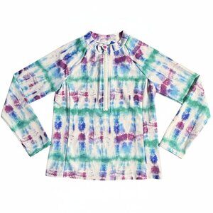 DSG Girls' Rash Guard Shirt Long Sleeves Zipper Tie Dye Multi Color NWT